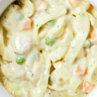 Creamy Chicken Noodle Casserole in a baking dish.