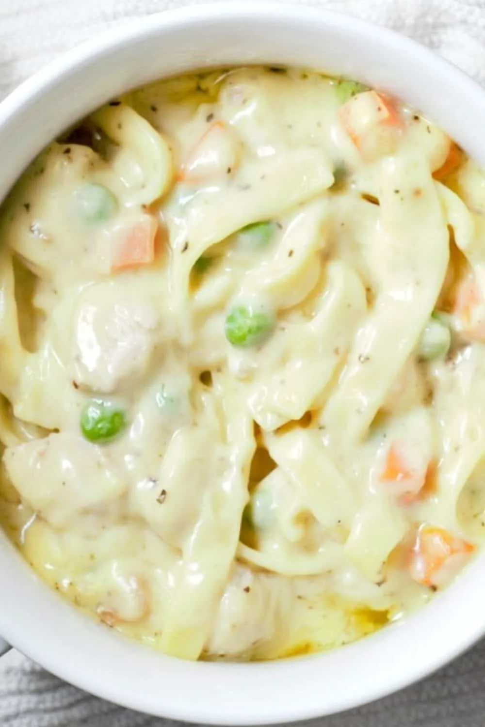 Creamy Chicken Noodle Casserole in a baking dish.