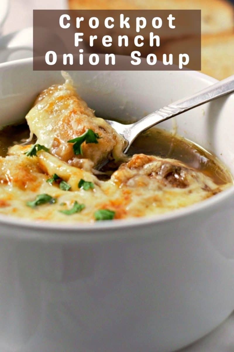 a bowl filled with Crockpot French Onion Soup.