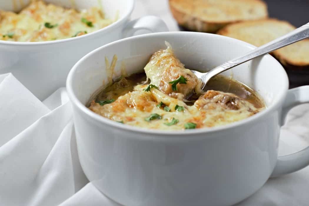 Easy Crockpot French Onion Soup for two in a bowl.