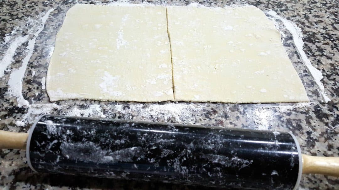 puff pastry rolled out and cut in half.