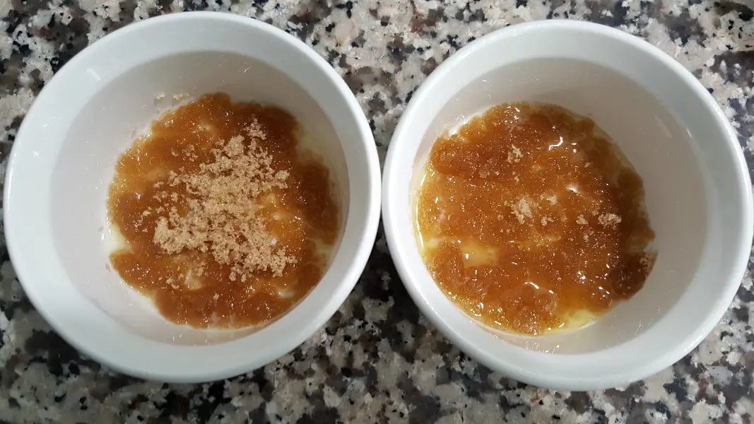 brown sugar and butter in two individual ramekins.