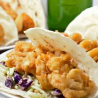 Beer Battered Shrimp Tacos on a plate.