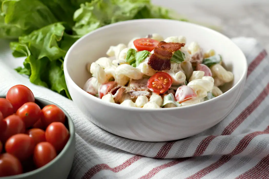 best ever BLT Macaroni Salad for two with bacon, lettuce, tomato, and pasta.