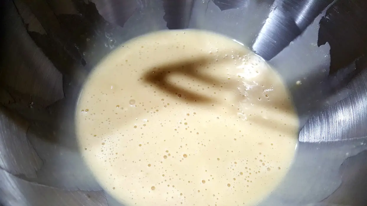 batter mixture in a stand mixer bowl.