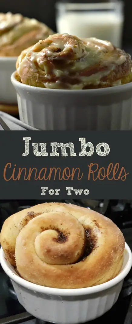 a graphic, top has two cinnamon rolls and glass of milk, middle is text saying jumbo cinnamon rolls for two, bottom is a cinnamon roll in a ramekin.