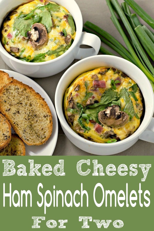a graphic of Low-carb Baked Cheesy Ham Spinach Omelets Recipe for Two.