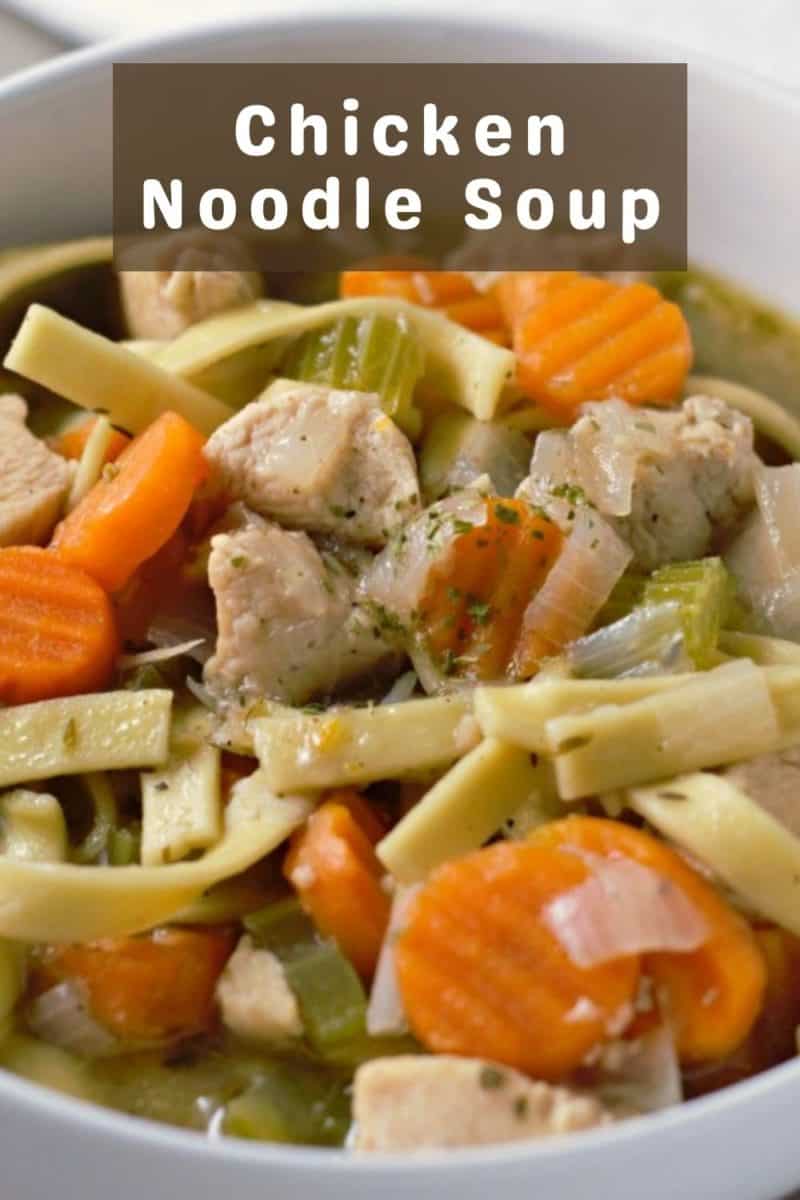 a bowl filled with Stove Top Chicken Noodle Soup.