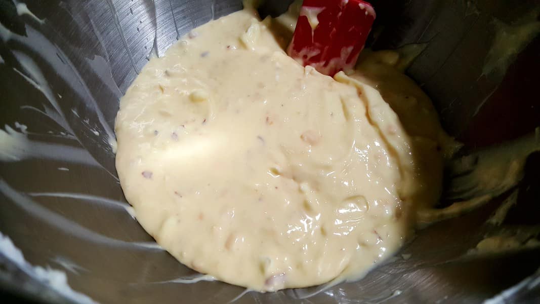 White Chocolate Almond batter in a mixing bowl.