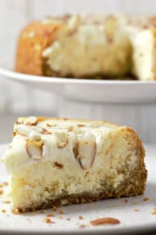 White Chocolate and Almond Amaretto Cheesecake on a plate.