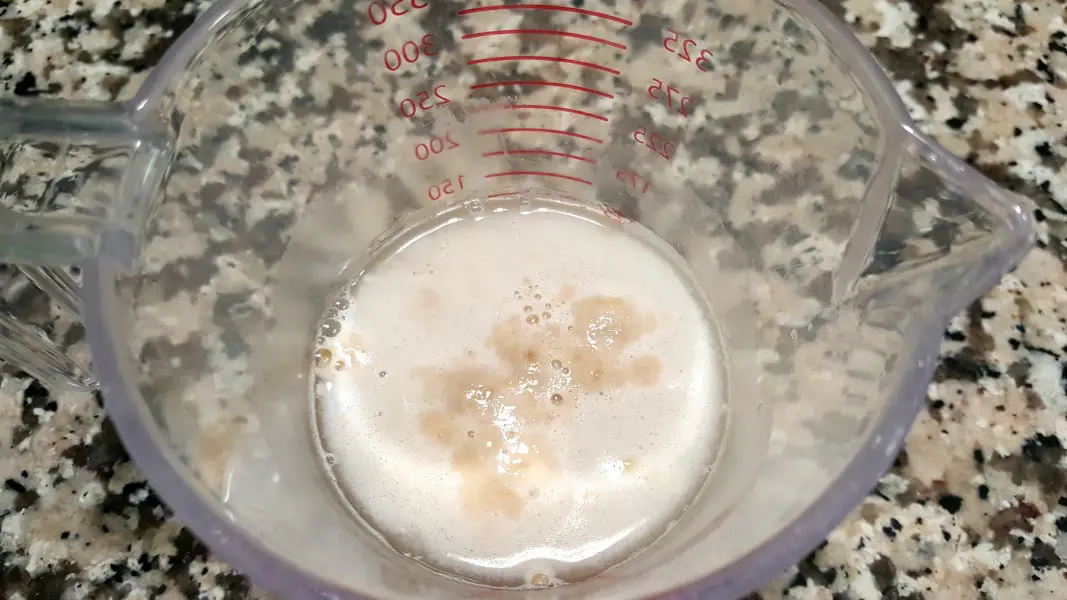 yeast, water, and sugar activating for grilled pizza dough.