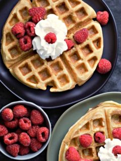 Belgian Waffles on two plates.