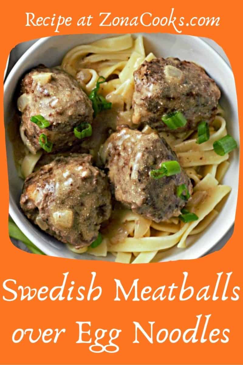 a bowl filled with Homemade Swedish Meatballs with Egg noodles.