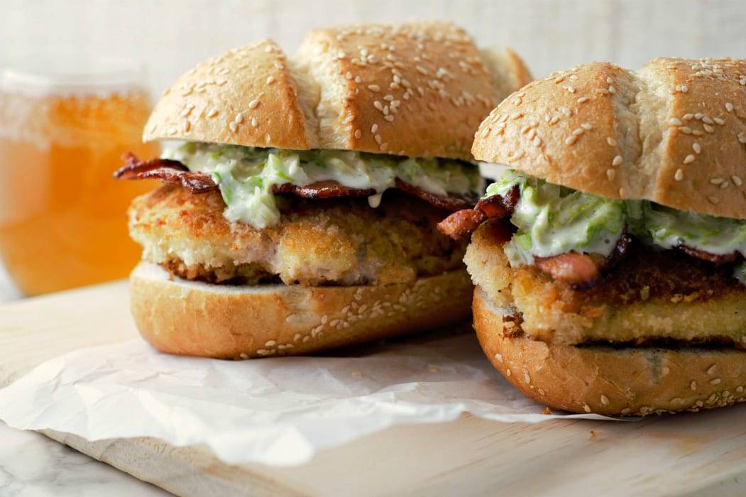 Two Crispy Chicken Bacon Cheese Sandwiches.