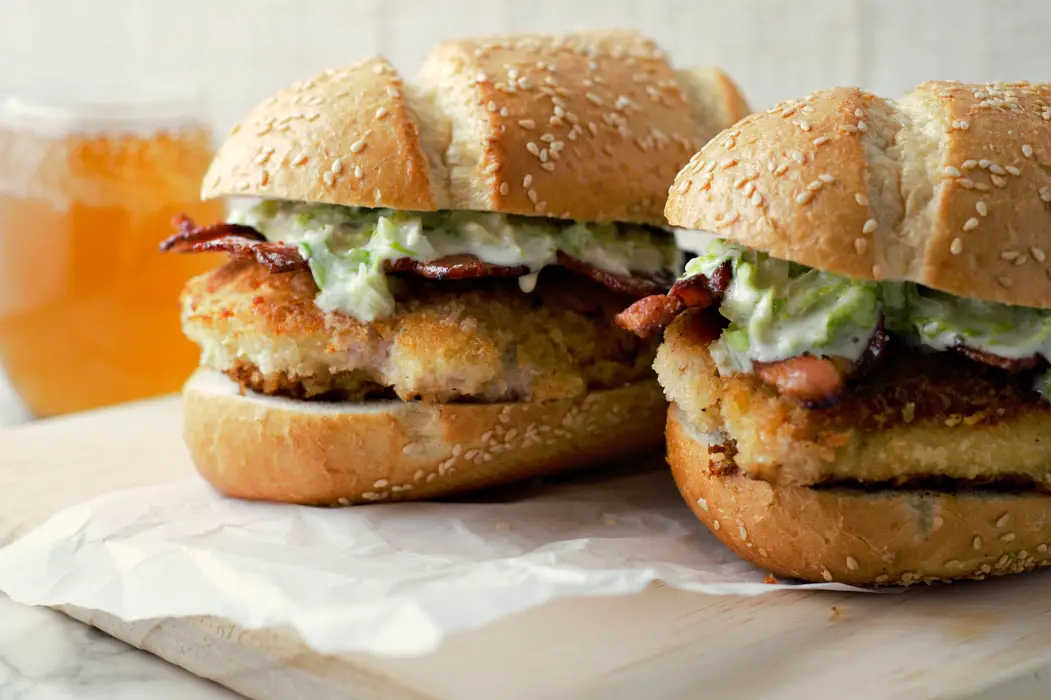 Two Crispy Chicken Bacon Cheese Sandwiches.