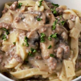 a bowl filled with Easy Ground Beef Stroganoff.