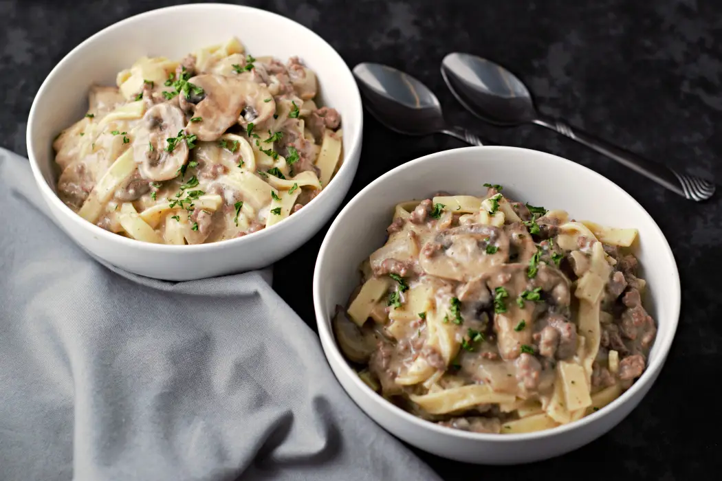 Beef Stroganoff with Hamburger Meat for two in bowls.