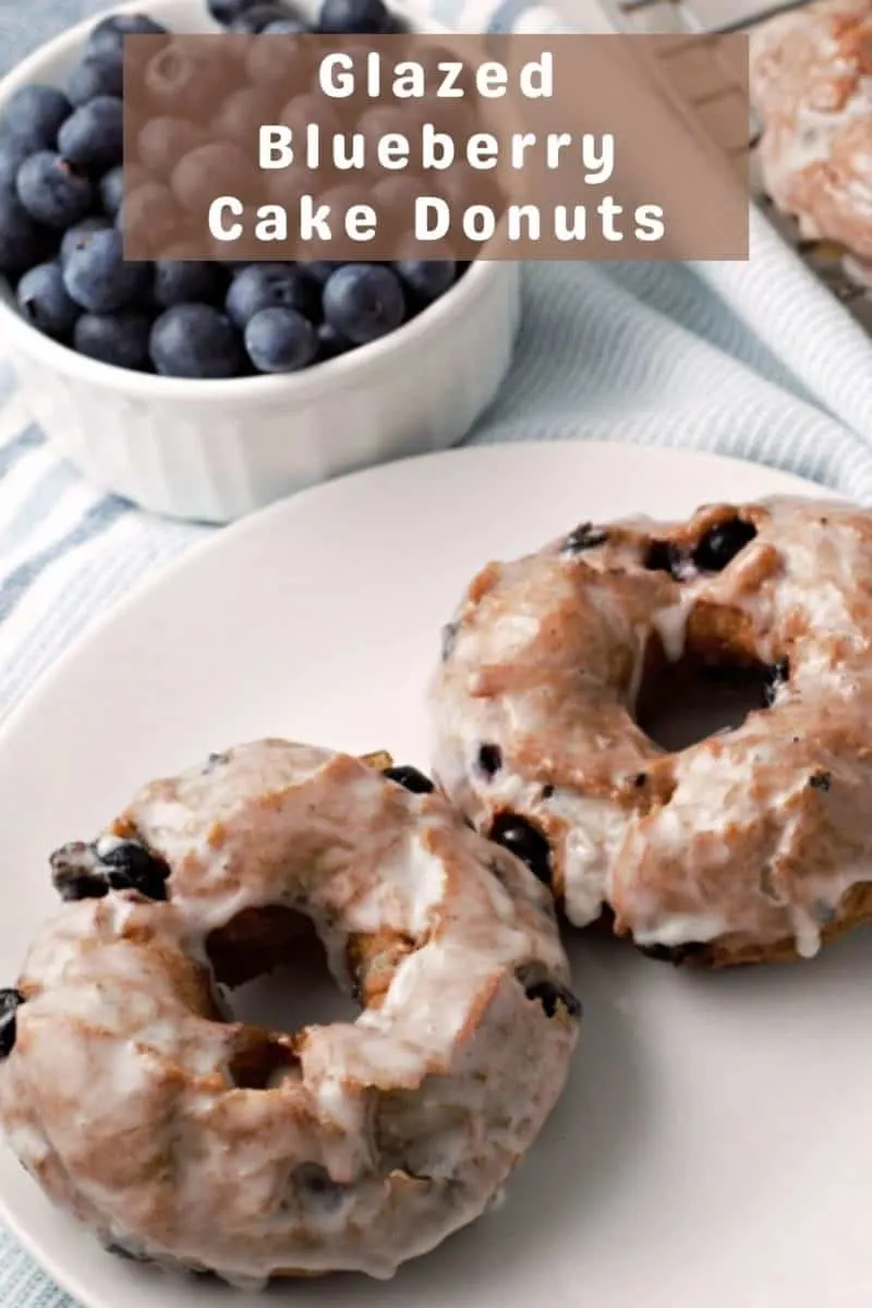 two Glazed Blueberry Cake Donuts on a plate.