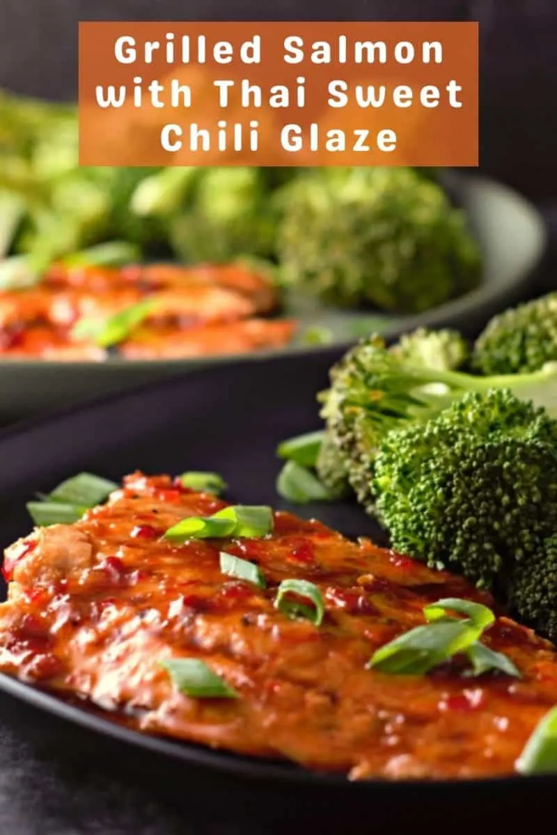 a plate with Sweet Chili Glazed Salmon and broccoli.