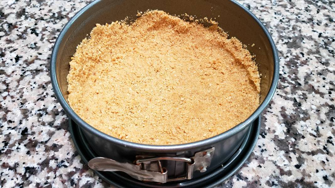 graham crumb mixture pressed into 7 inch springform pan.