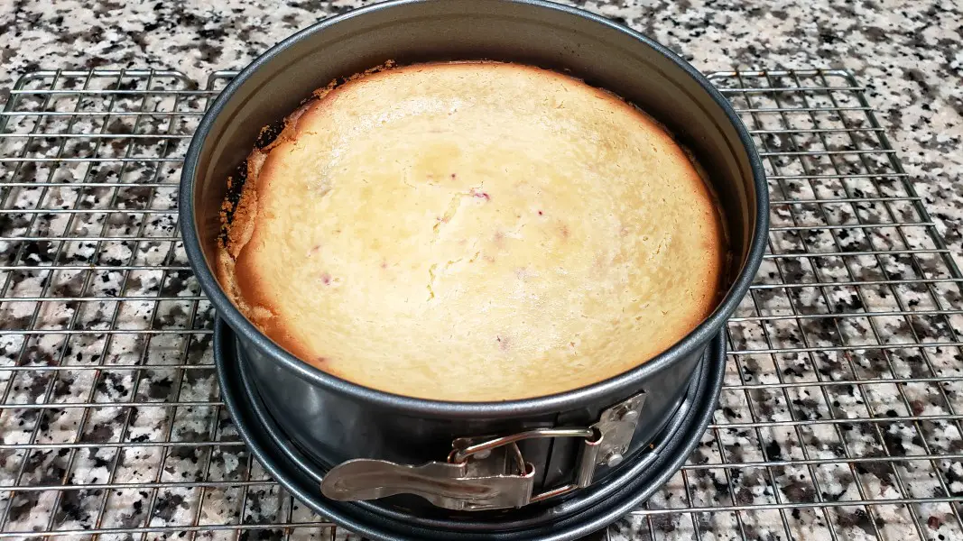 blueberry lemon cheesecake cooling on rack.