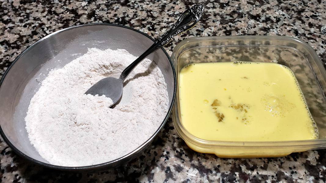 flour mixture in one bowl and egg mixture in a second bowl.
