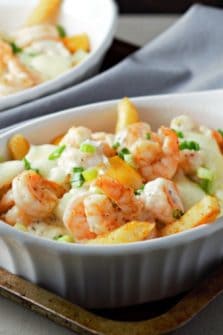 Loaded Shrimp and Fries in a baking dish.