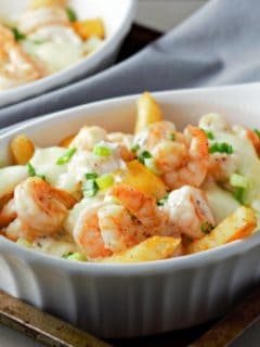 Loaded Shrimp and Fries in a baking dish.