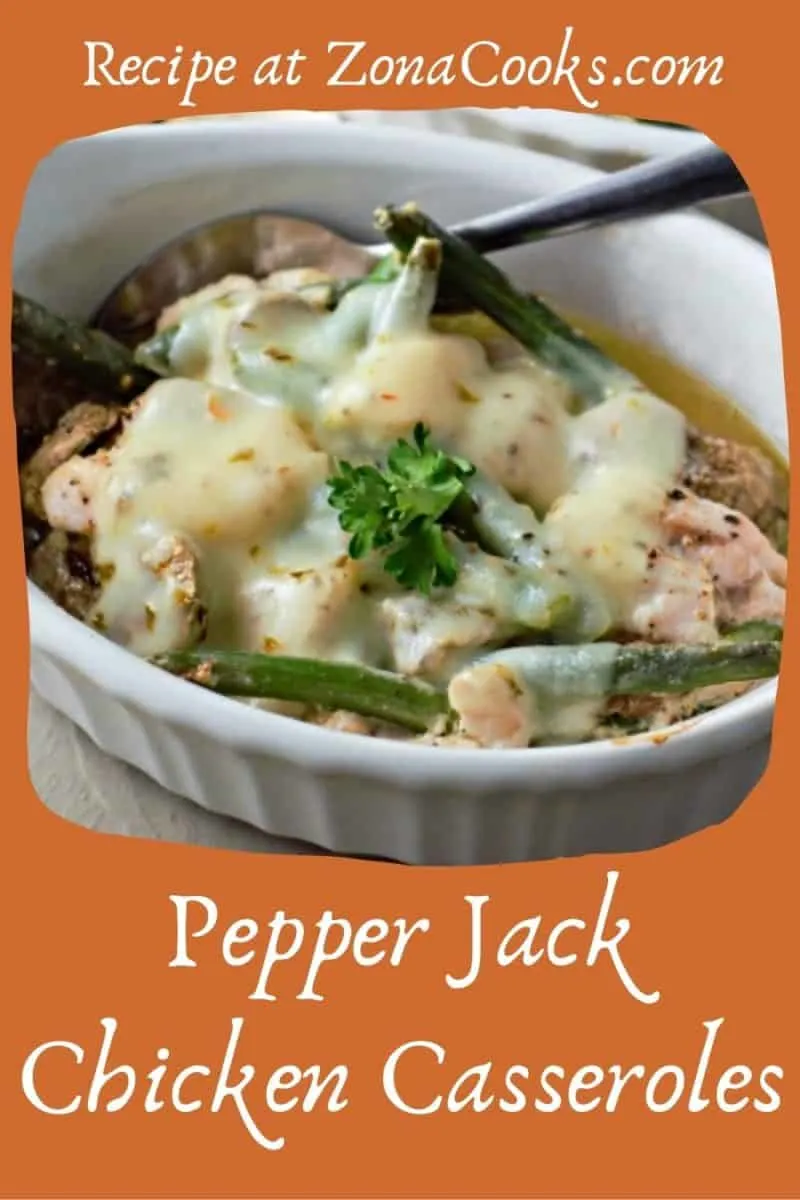 a baking dish filled with Pepper Jack Chicken Casserole.