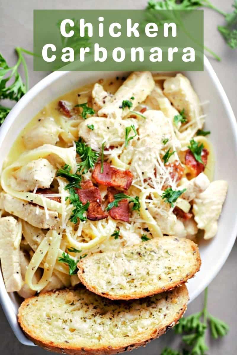 a bowl filled with Classic Chicken Carbonara.