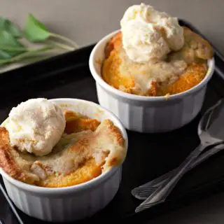 Easy Individual Peach Cobblers on a tray.