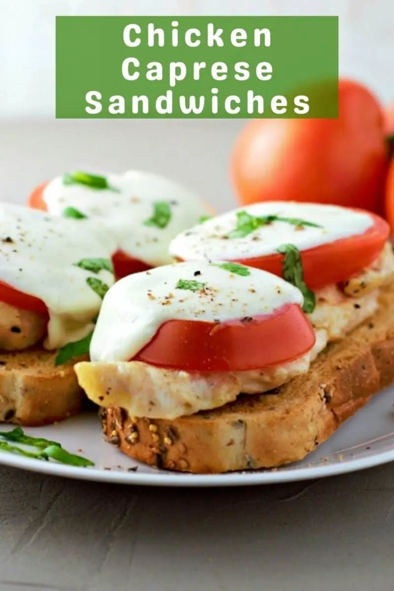 two Open Face Chicken Caprese Sandwiches on a plate.