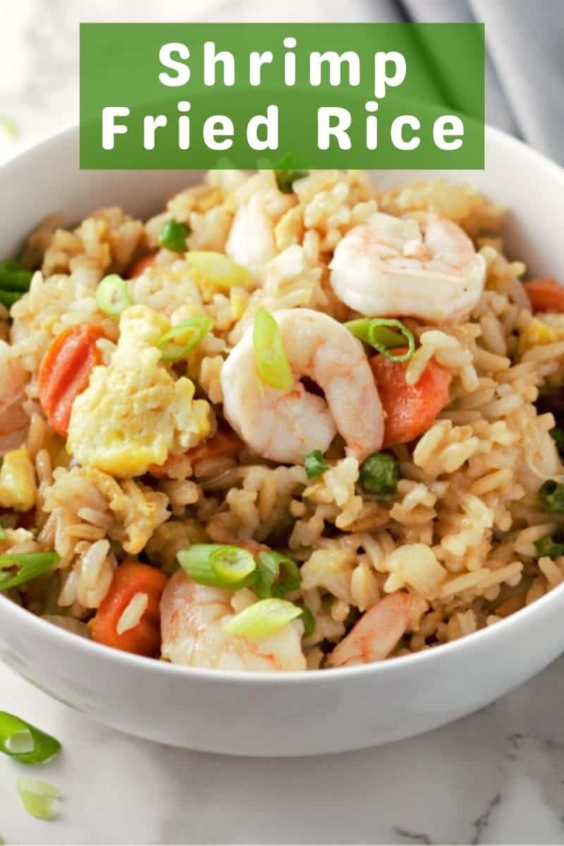 a bowl filled with Shrimp Fried Rice.