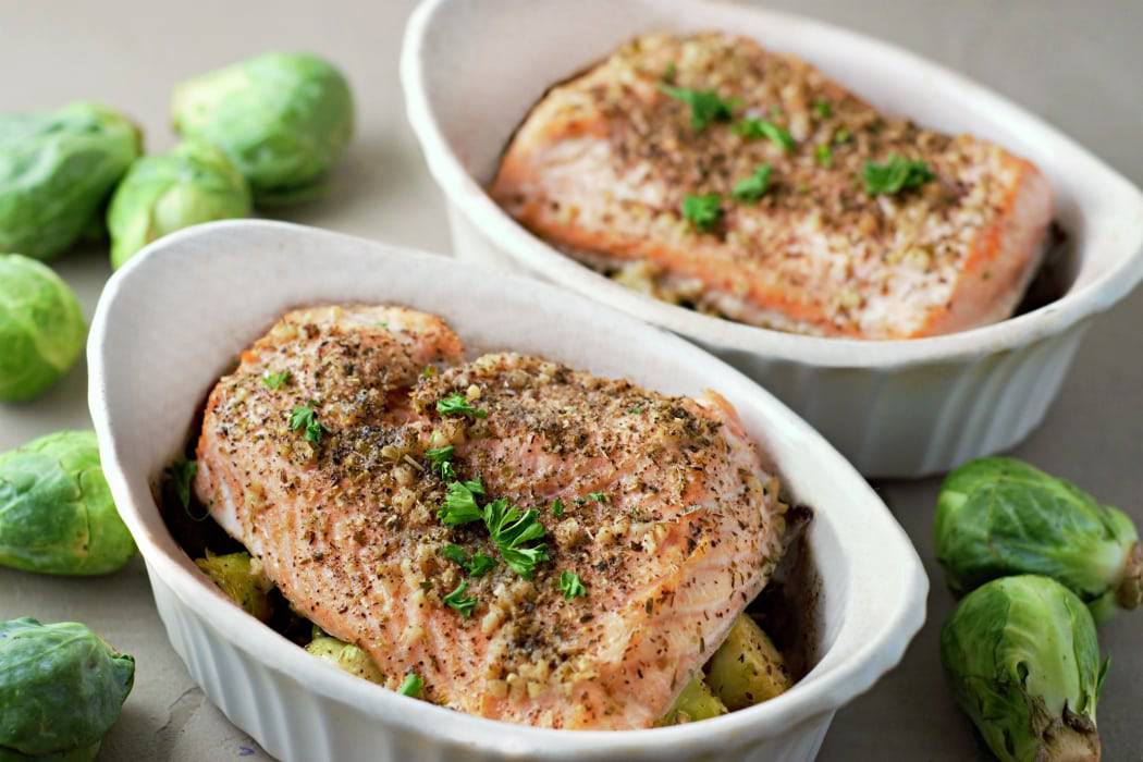 Baked Garlic Salmon and Brussels Sprouts