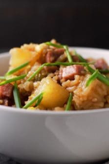 a bowl filled with Hawaiian Fried Rice.