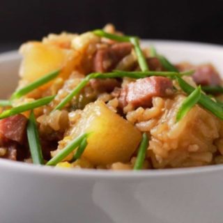 a bowl filled with Hawaiian Fried Rice.