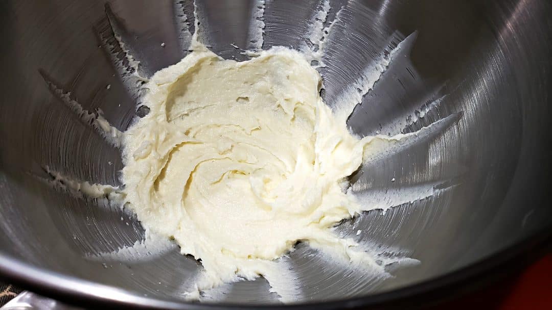 butter and sugar creamed in a stand mixer bowl