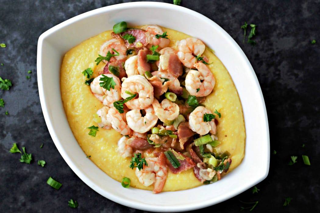 a bowl of Polenta and Shrimp with Bacon and Cheddar.