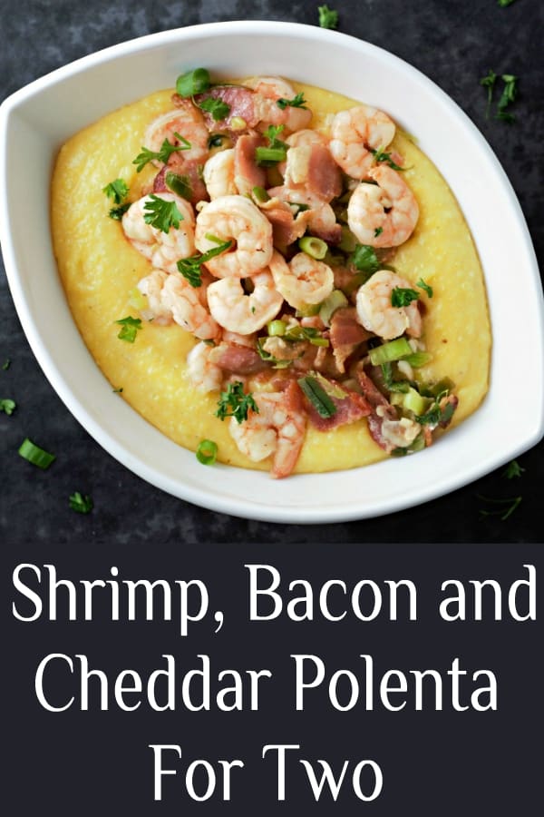 a graphic of Shrimp and Polenta with Bacon Recipe for Two.