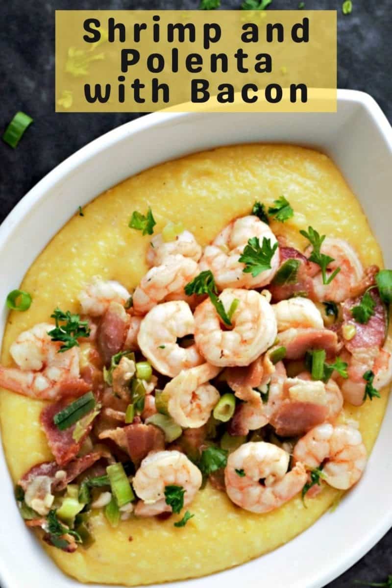 a bowl filled with Shrimp and Polenta with Bacon.
