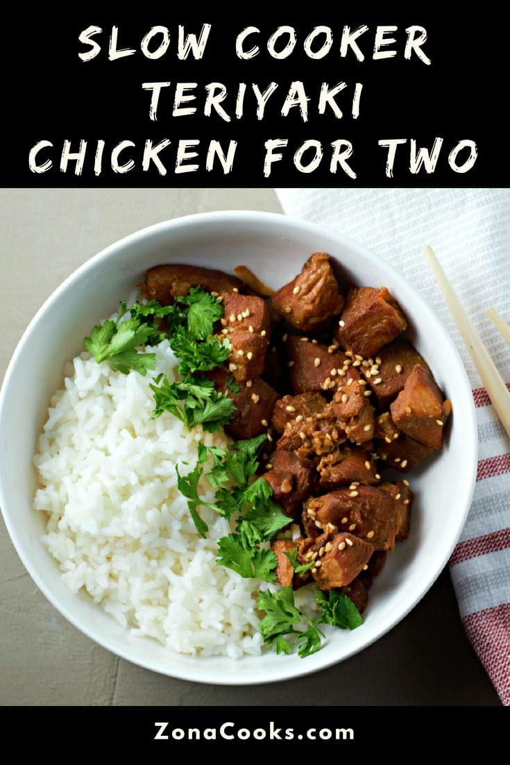 a graphic of Slow Cooker Teriyaki Chicken Small Batch Recipe for Two.
