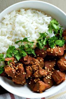 Slow Cooker Teriyaki Chicken in a bowl with rice.