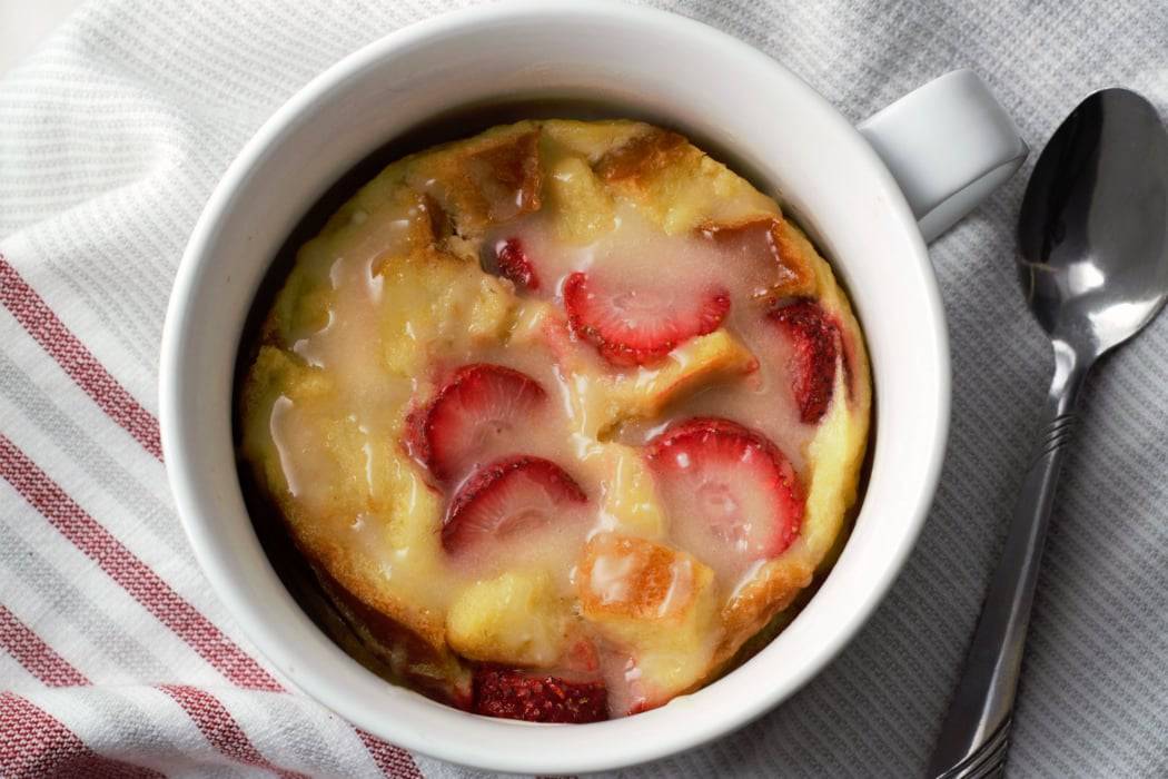 Strawberries and Cream Bread Pudding Small Batch in an individual casserole dish.