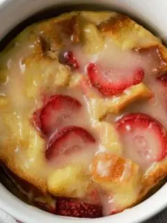 Strawberries and Cream Bread Pudding in a casserole dish.