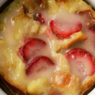 Strawberries and Cream Bread Pudding in a casserole dish.