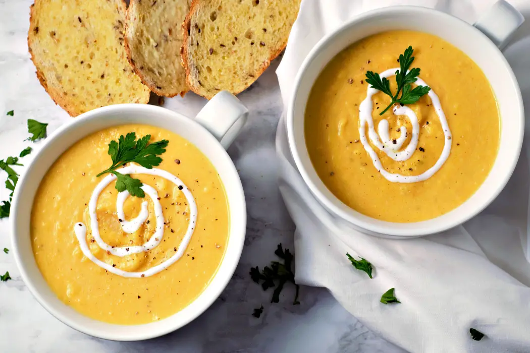Easy Butternut Squash Soup with Cream Cheese swirled with sour cream in two bowls.