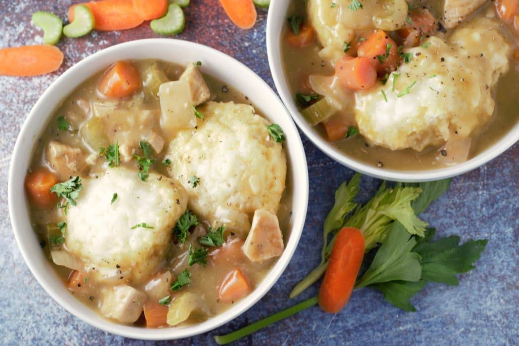 Easy Chicken and Dumplings in two bowls.