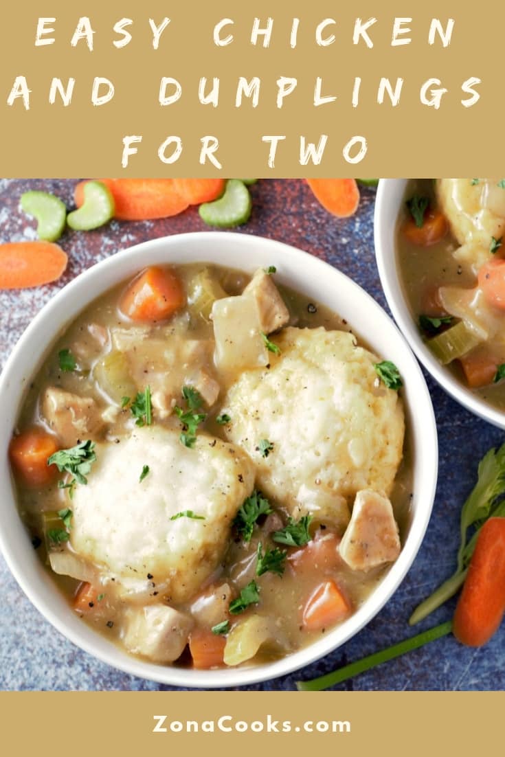 a graphic of Easy Chicken and Dumplings Recipe for Two.