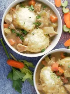 Chicken and Dumplings in two bowls.