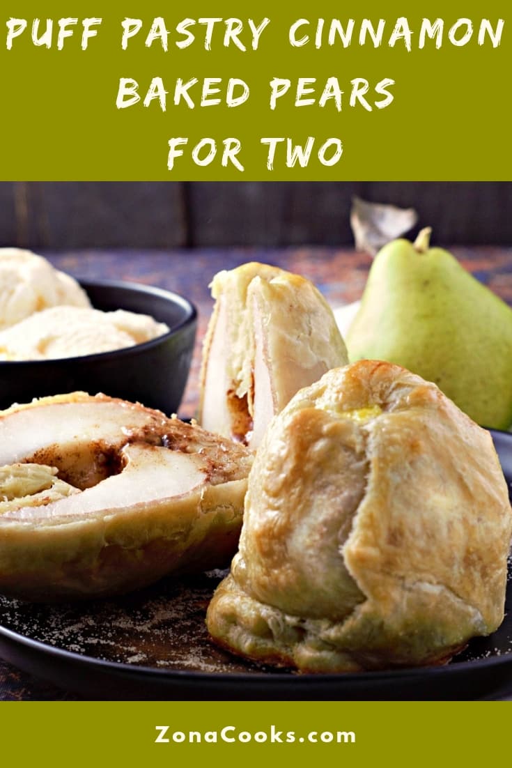 a graphic of Puff Pastry Cinnamon Baked Pears Recipe for Two.
